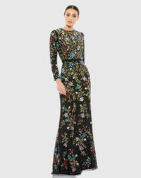 Mac Duggal, Floral Print Modest Long Sleeve Dress - Black #5556