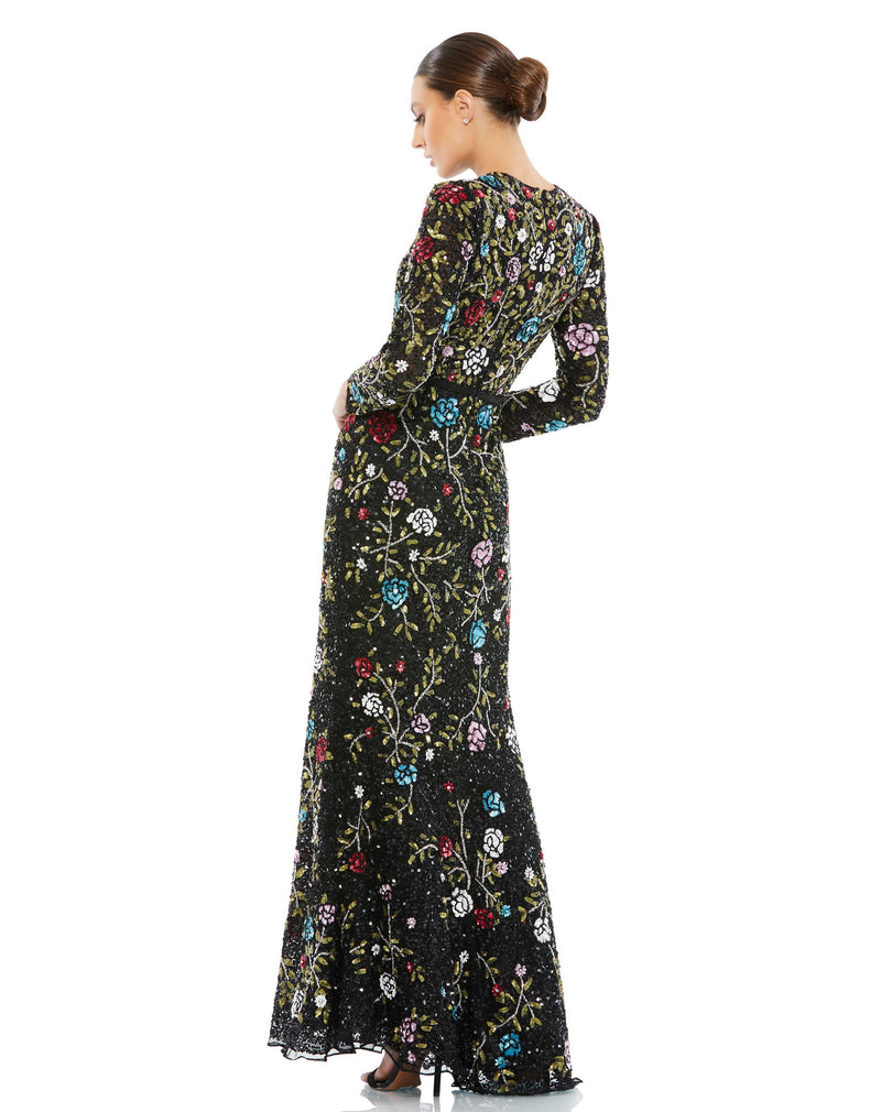 mac duggal, FLORAL EMBELLISHED LONG SLEEVE GOWN, Style #5556 back view