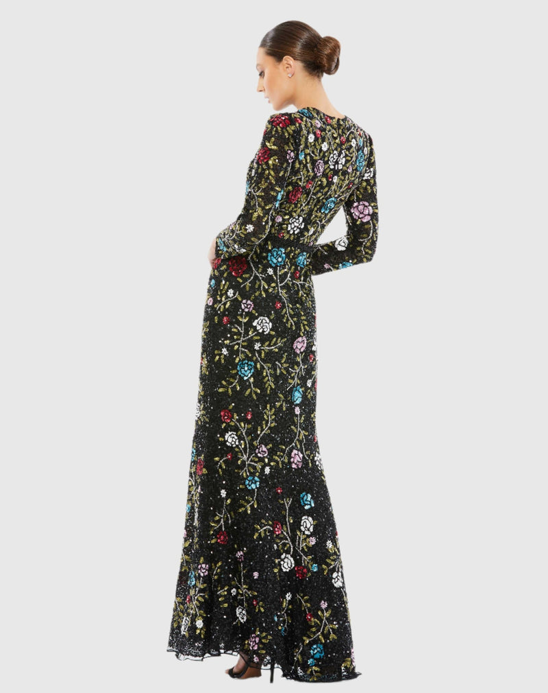 Floral Print Modest Long Sleeve Dress - Black