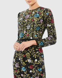 Floral Print Modest Long Sleeve Dress - Black