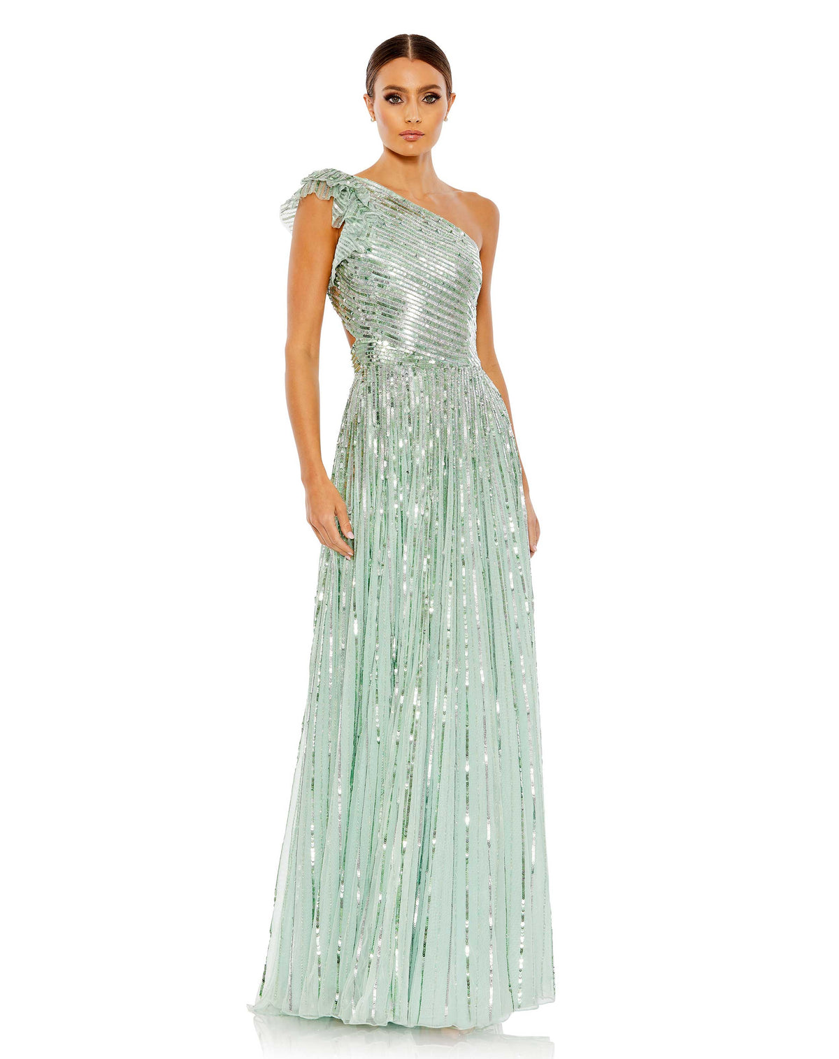 mac duggal, SEQUINED ONE SHOULDER FLUTTER SLEEVE A LINE GOWN, mint, Style #5565