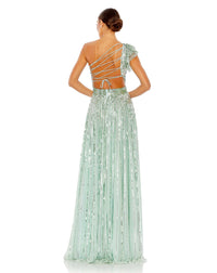 mac duggal, SEQUINED ONE SHOULDER FLUTTER SLEEVE A LINE GOWN, mint, Style #5565