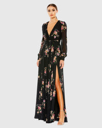 Mac Duggal, Belted floral print illusion long sleeve gown, Black #55661