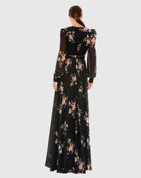 Belted floral print long sleeve gown - black