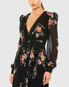 Belted floral print long sleeve gown - black