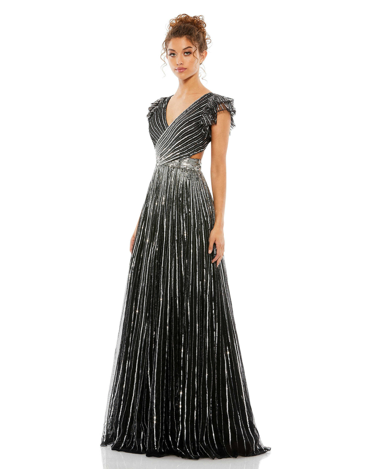 Mac Duggal #5568 Sequin Cap Sleeve Ruffle Lace Up Gown - Black