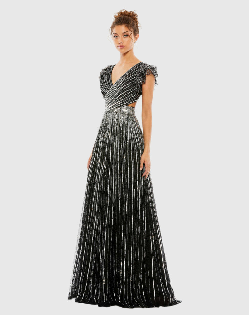 Sequin Cap Sleeve Ruffle Lace Up Gown - Black