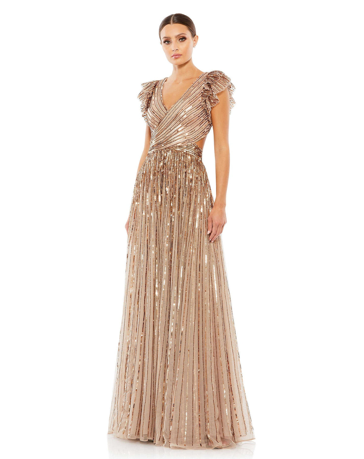 Mac Duggal #5568 Sequin Cap Sleeve Ruffle Lace Up Gown - Copper