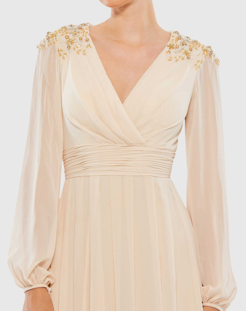 Embellished Shoulder Evening Gown - Porcelain