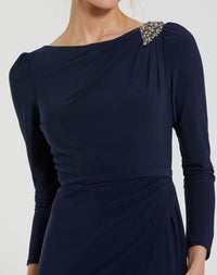 Draped Bateau Long Sleeve Trumpet Gown - Midnight