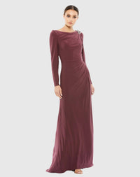 Draped Bateau Long Sleeve Trumpet Gown - Midnight