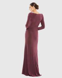 Draped Bateau Long Sleeve Trumpet Gown - Midnight