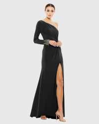 Mac Duggal, Twist front embellished one sleeve jersey gown - Black #55696