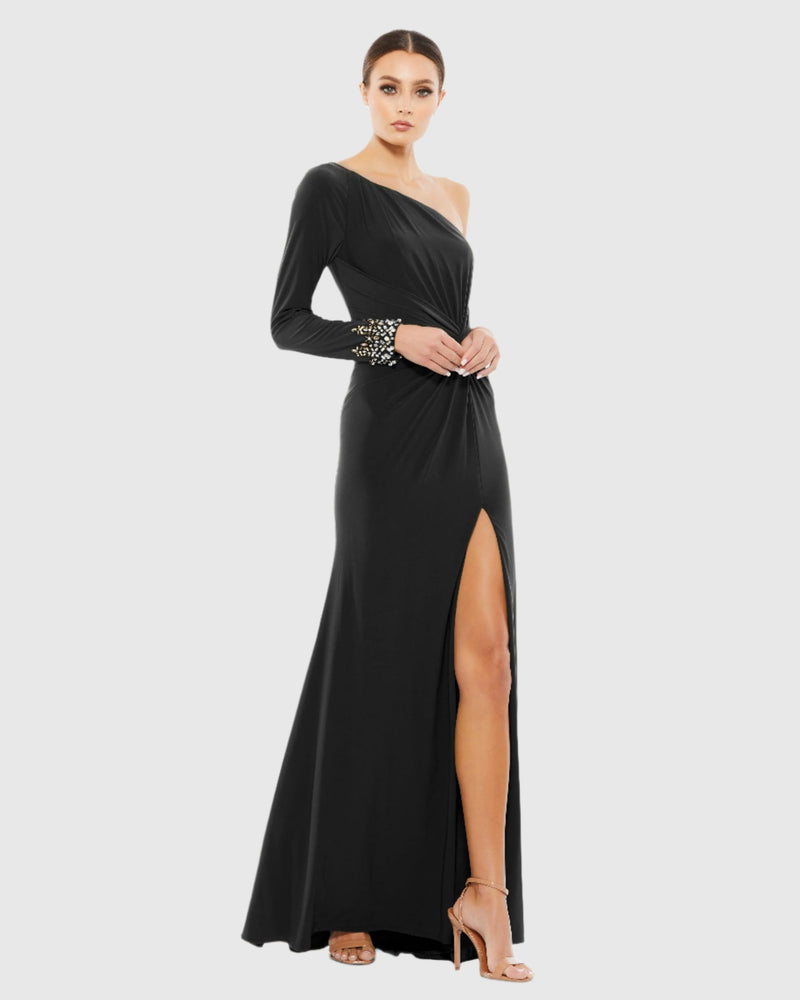 Mac Duggal, Twist front embellished one sleeve jersey gown - Black #55696