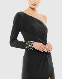 Twist front embellished one sleeve jersey gown - Olive