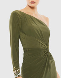 Twist front embellished one sleeve jersey gown - Olive