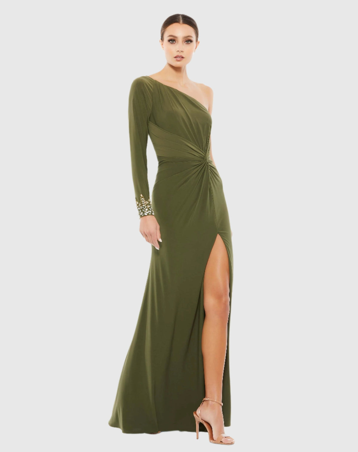 Mac Duggal, Twist front embellished one sleeve jersey gown - Olive #55696