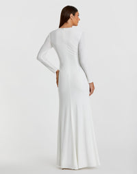 Long Sleeve Keyhole Draped Gown - White