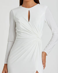 Long Sleeve Keyhole Draped Gown - White