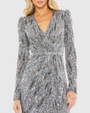 Long Sleeve V Neck Beaded Cocktail Dress - Charcoal