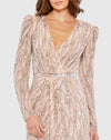 Long Sleeve V Neck Beaded Cocktail Dress - Rose Gold