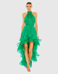 Mac Duggal, Ruffle Tiered High Low Pleated Halter Neck Gown Green #55807