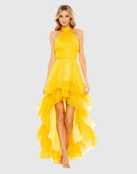 Mac Duggal, Ruffle Tiered High Low Pleated Halter Neck Gown Yellow #55807