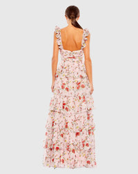 Ruffle Sleeveless Tiered Floral Print Gown - Pink