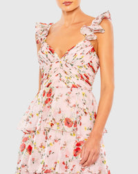 Ruffle Sleeveless Tiered Floral Print Gown - Pink