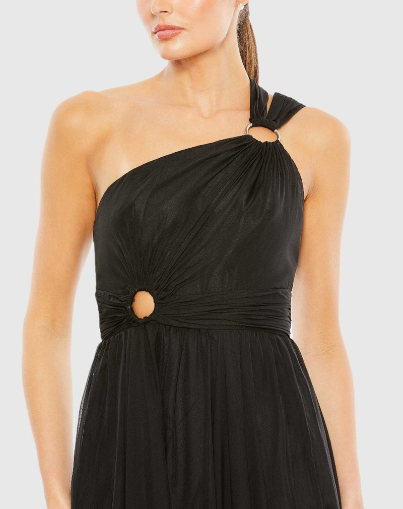 Strappy one shoulder asymmetric A line gown - Black