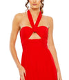 RUCHED HALTER STRAP KEYHOLE CHIFFON GOWN red close up