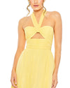 RUCHED HALTER STRAP KEYHOLE CHIFFON GOWN sunshine yellow close up