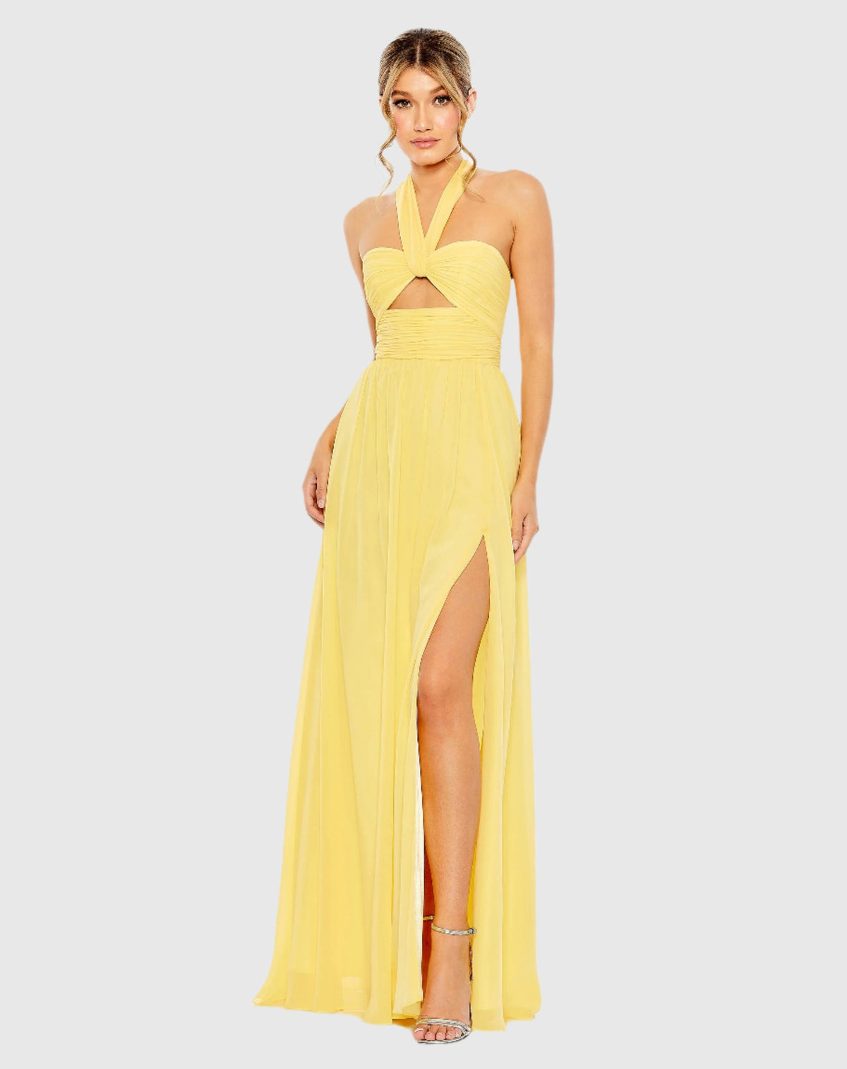 Mac Duggal, Ruched halter strap keyhole chiffon evening gown, Yellow #55898