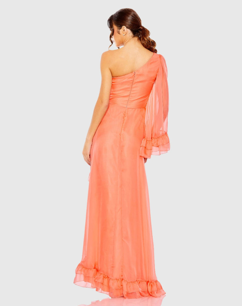 One sleeve ruffled hem gown - Coral