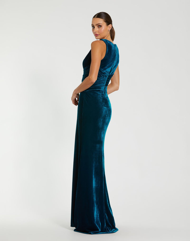 Velvet Pleated Sleeveless Jersey Gown - Ocean Blue