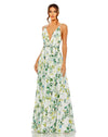 Sleeveless Plunge Floral Print Gown - White