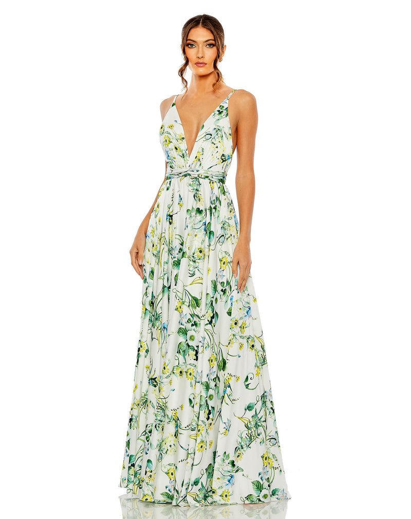 Sleeveless Plunge Floral Print Gown - White