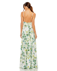 Sleeveless Plunge Floral Print Gown - White