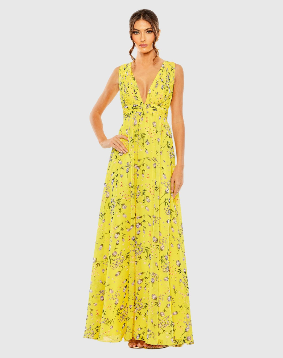 Mac Duggal Floral Print V-Neck Ruched Gown  #56011 Yellow