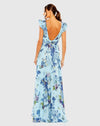 Floral Print Plunge Chiffon Gown - Blue