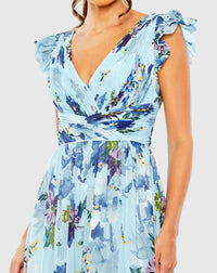 Floral Print Plunge Chiffon Gown - Blue