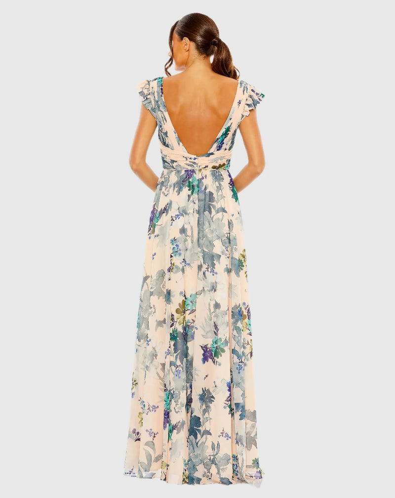 Floral Print Plunge Chiffon Gown - Blue