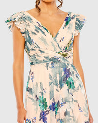 Floral Print Plunge Chiffon Gown - Blue