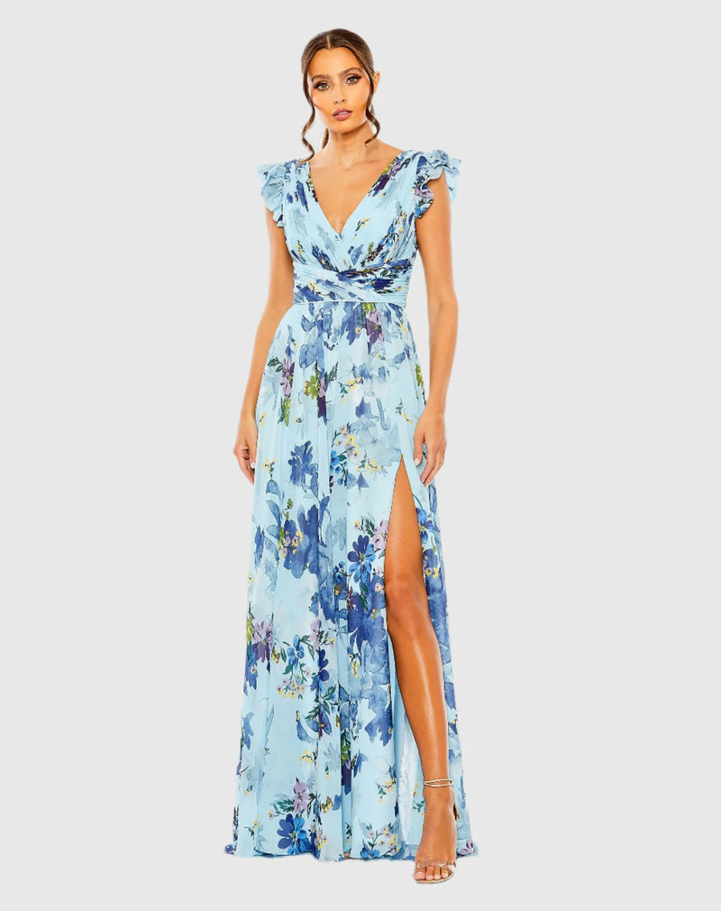 Mac Duggal, Floral Print Plunge Chiffon Gown - Blue #56012