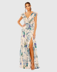 Floral Print Plunge Chiffon Gown - Blue