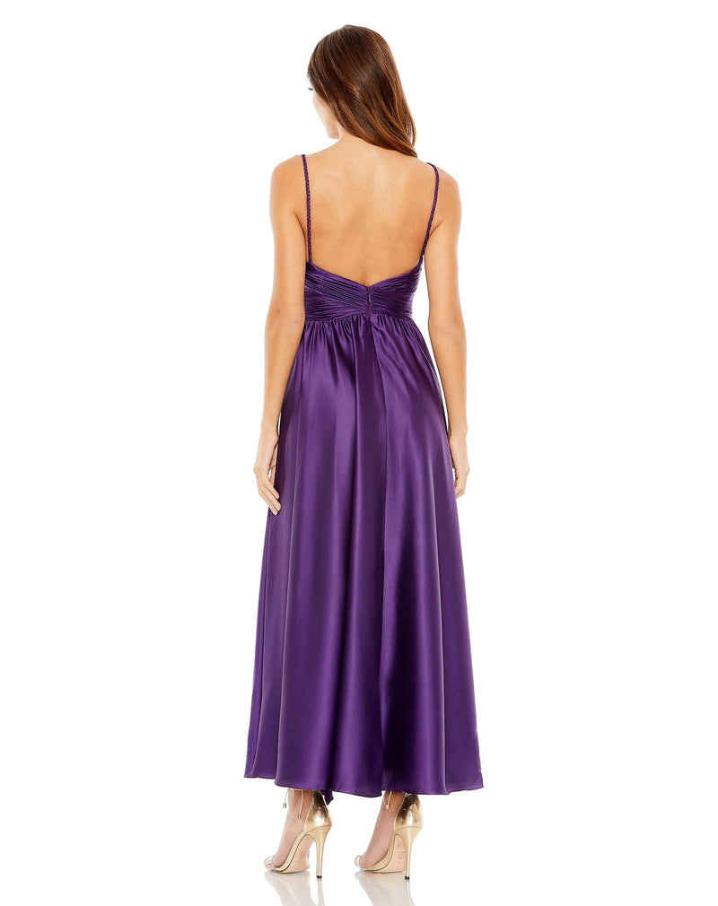 MAC DUGGAL, RUCHED TOP SATIN PLEATED TEA LENGTH DRESS, Style #56035  BACK VIEW