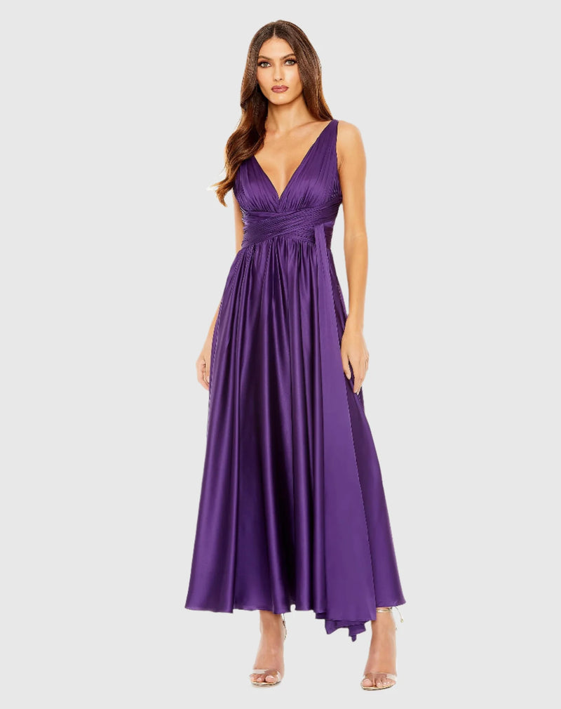 Mac Duggal Satin Pleated Tea Midi Dress - Purple #56035