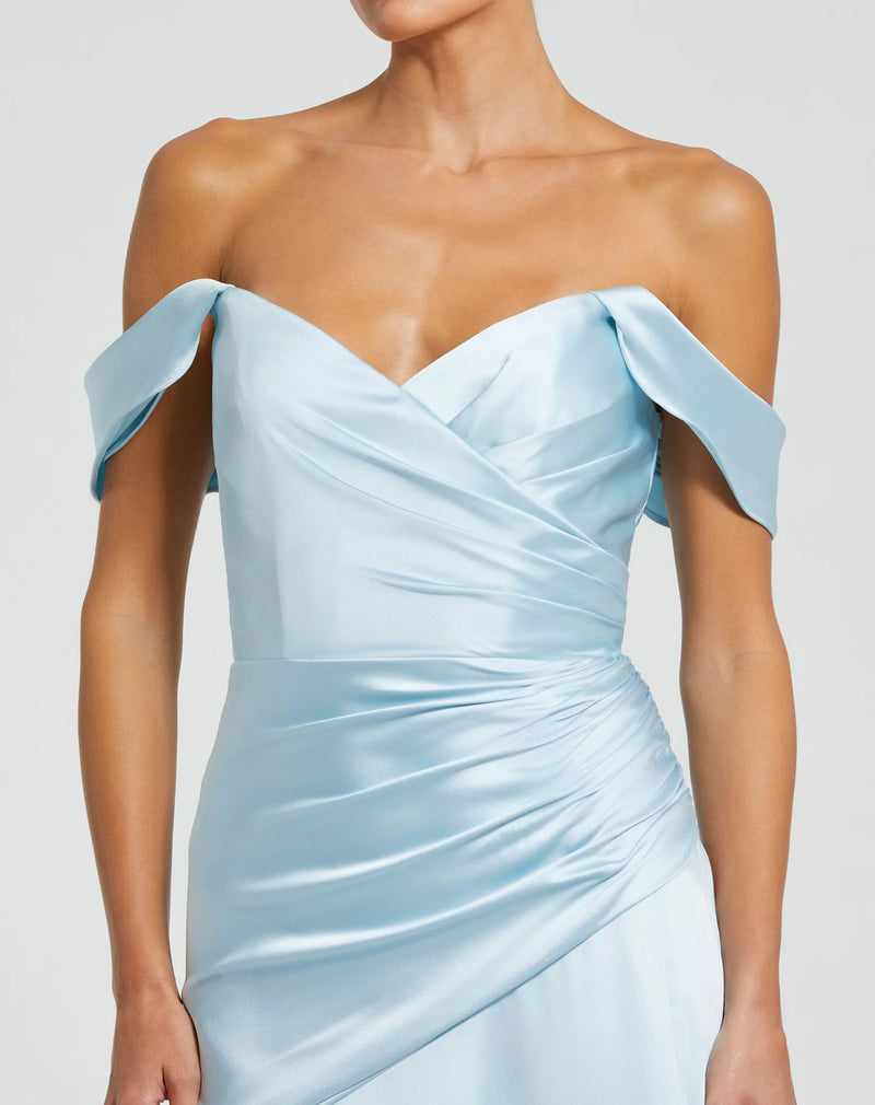 Hard Satin Off The Shoulder Crossover Gown - French Blue