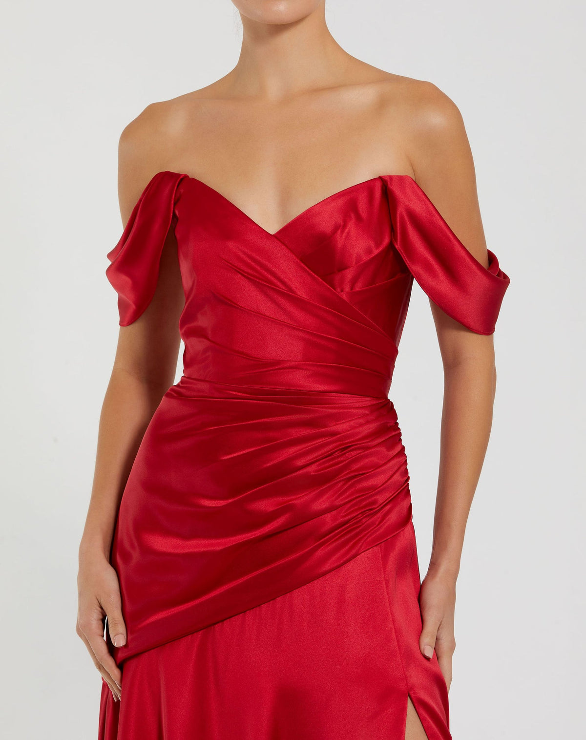 Hard Satin Off The Shoulder Crossover Gown - Ruby