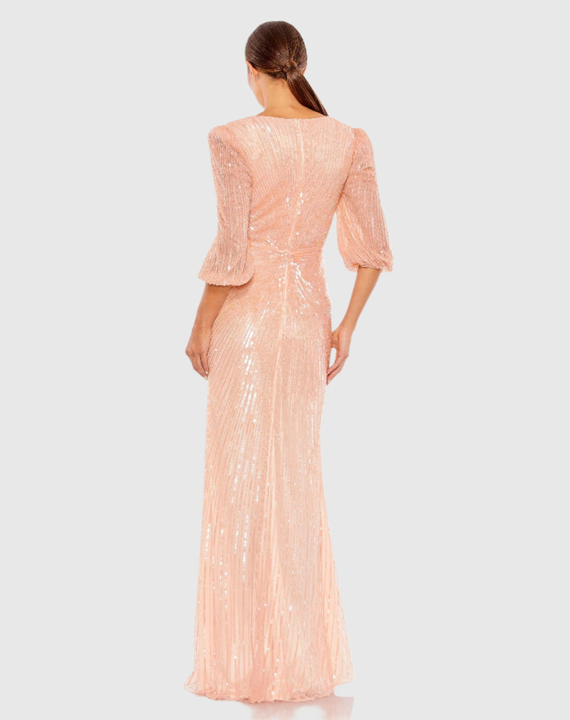 Sequin Faux Wrap Puff Sleeve Gown - Peac